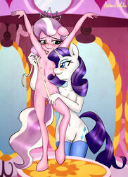 2014 2girls age_difference anibaruthecat anthro anthrofied blue_eyes blush breasts cutie_mark diamond_tiara_(mlp) duo equine eyelashes eyeshadow female female_only friendship_is_magic fur horn inside makeup mammal multiple_girls my_little_pony navel nipples pink_fur purple_hair pussy rarity_(mlp) straight_hair sweat tape_measure thigh_highs two_tone_hair unicorn white_fur yuri