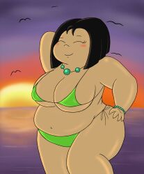 beach black_hair chubby chubby_female female female_only green_bikini large_ass large_breasts sweet_sushi_(timoteihiv) timoteihiv