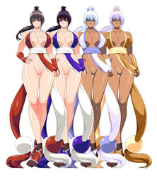 breasts dark_skin fatal_fury female female_only human king_of_fighters large_breasts mai_shiranui multiple_females multiple_girls no_underwear noriheita simple_background snk white_background white_hair