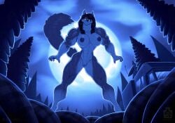 anthro areola canid canine canis cloud cloudy_sky evergreen_tree female fluffy fluffy_tail forest full_moon genitals glowing glowing_eyes green_eyes hi_res implied_growth implied_transformation juxtapex looking_at_viewer low-angle_view mammal moon motorhome muscular muscular_female mythological_canine mythological_creature mythology night nipples nude pine_tree plant pussy recreational_vehicle sky sleeping_bag smile smirk solo tail transformation tree vulva werecanid werecanine werecreature werewolf werewolf_girl wilderness wolf wolf_girl worm&#039;s-eye_view