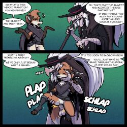 accipitriform anthro avian balls beard bird bottomwear canid canine carrying_another cloak clothing coat comic duo elderly english_text eyewear facial_hair female fleet_(dungeons_of_aether) fox fur genitals glasses hair hat headgear headwear hi_res iniquity male male/female mammal orange_body orange_fur pants penetration penile penile_penetration penis penis_in_vagina pussy question_mark rivals_of_aether sex speech_bubble text topwear vaginal_penetration vulture vulva white_hair