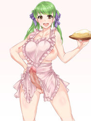 1futa apron artist_request breasts brown_eyes censored food futa_only futanari green_hair hair_ribbon intersex large_breasts long_hair naked_apron nipples open_mouth penis penis_under_apron plate pussy ribbon smile solo thighs tied_hair twintails