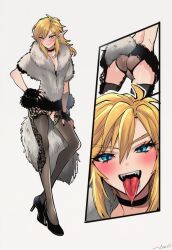 ai_art ai_generated almond_eyes ass black_nails blue_eyes blush butt_focus choker crossdressing feline_eyes feline_tail femboy femboy_focus fluffy fluffy_tail fur fur_coat furry furry_male golden_hair high_heels lace_stockings link link_(breath_of_the_wild) link_(tears_of_the_kingdom) long_canines long_eyelashes long_hair long_nails long_tail luxica male mittens multiple_panels novelai posing posing_for_the_viewer smirk sole_male tail the_legend_of_zelda tongue_out trap twink white_background
