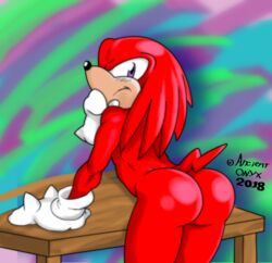 2018 abstract_background ancient-onyx anthro arm_support ass bent_over bubble_butt frown hand_on_chin inviting knuckles_the_echidna looking_at_viewer looking_back male_only presenting presenting_hindquarters purple_eyes red_dreadlocks red_fur sonic_(series) table thick_thighs