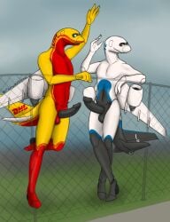2boys aeromorph airport erection femboy fence flowrednow legs_crossed living_machine male male_focus male_only plane tagme waving