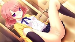 akino_subaru blush female female fujikawa_runa game_cg hair_ornament hairclip hatsukoi_1/1 looking_at_viewer no_panties pink_hair purple_eyes pussy school_uniform short_hair sitting socks solo spread_legs thighs uncensored upskirt