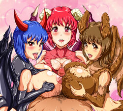 3girls animal_ears areolae artist_request bare_shoulders blue_hair blush breast_squeeze breasts breasts_out brown_eyes brown_hair censored collarbone demon_girl demon_wings elbow_gloves erect_nipples female gloves horns huge_breasts male monster_farm monster_girl mopsy_(monster_farm) multiple_females multiple_paizuri nipples open_mouth paizuri penis pixie_(monster_farm) poison_(monster_farm) pubic_hair puffy_nipples purple_eyes red_eyes red_hair saliva shiny shiny_skin short_hair smile straight sweat tongue tongue_out triple_paizuri wings