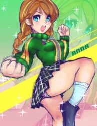 anna_(frozen) cosplay disney female female_only frozen_(film) human megami_tensei panties persona persona_4 rough_sketch satonaka_chie_(cosplay) solo striped striped_panties upskirt