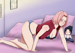 all_fours blush bra deyvidson female female_only human husband_and_wife kneeling naruto naruto_shippuden panties partially_clothed sakura_haruno sasuke_uchiha solo