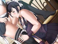 :>= alice_(lewdness) black_hair blue_hair blush breasts censored cleavage duo erection eye_contact fellatio female femsub fingernails futa_on_female futadom futanari game_cg hair hand_on_thigh highres himeno_yuria intersex kneeling large_breasts lewdness lips naughty_face navel oral penis saliva sei_shoujo thick thick_thighs thighhighs thighs