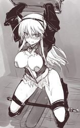 adapted_uniform arms_up blush bondage breasts cleavage clenched_teeth clothing erect_nipples female framed_breasts gloves hanna-justina_marseille head_wings headband large_breasts long_hair looking_at_viewer monochrome null_(nyanpyoun) restrained revealing_clothes solo spread_legs spreader_bar stocks strike_witches sweatdrop toilet underboob