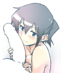 1boy black_hair blue_eyes blush breasts do_(taka) erection female hidamari_sketch large_breasts male nori nude penis profile short_hair solo_focus