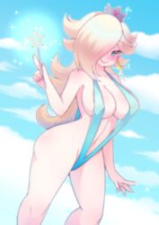 1girls bikini blonde_hair blue_bikini blue_eyes blush breasts cleavage crown earrings female female_only hair_over_one_eye human long_hair looking_at_viewer mario_(series) navel nintendo pastelletta princess_rosalina sling_bikini smile solo sparkle standing swimsuit wand