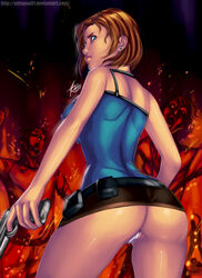 1girls ass back_view blue_eyes brown_hair clothing dat_ass female female_only human jill_valentine jill_valentine_(julia_voth) panties resident_evil shirt short_hair short_skirt skirt solo thong tubetop upskirt xdtopsu01