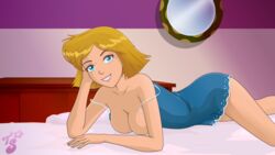 1girls big_breasts blonde_hair blue_eyes clover_(totally_spies) female female_only human lingerie lying on_bed on_front smile solo totally_spies yoocik