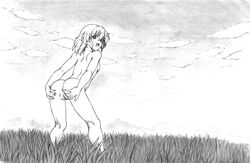 anus ass bare_back female from_behind graphite_(medium) greyscale harumachi_nagaaki looking_at_viewer looking_back monochrome nude original outdoors pussy solo spread_ass standing traditional_media