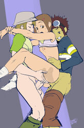 2boys anal daisuke_motomiya digimon digimon_adventure_02 double_penetration female goggles goggles_on_head group_sex hikari_yagami human kenno_arkkan male multiple_boys penetration penis sandwiched sex short_hair small_breasts straight takeru_takaishi threesome uncensored vaginal_penetration