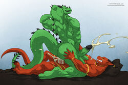 2014 abs anal anal_sex anthro armpits ass bed biceps closed_eyes cowgirl_position cum cum_in_ass cum_inside cum_on_leg cum_on_penis cum_on_tail cumshot dragon erection green_dragon gums happy hi_res horn lying male_only manly messy muscles on_back on_top orgasm pecs penetration penis pillow raised_arm red_dragon red_sektoth sex sharp_teeth smile spikes teeth varanis_blackclaw vein veiny_penis wfa