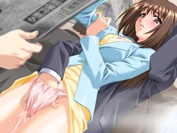 artist_request blush chikan embarrassed fingering game_cg hand_in_another's_panties hand_in_panties helpless molestation newspaper panties pink_panties pussy_juice rape skirt_lift source_request train train_interior