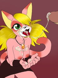 anthro bigger_version_at_the_source blonde_hair bomberman bomberman_hero breasts cum cum_on_breasts cum_on_chest cum_on_face cum_on_hands cum_string dontfapgirl feline fellatio female fur furry green_eyes hair male mammal natia oral oral_sex sex straight topless