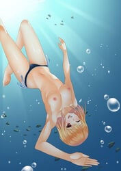 bikini_bottom blonde_hair blush breasts female long_hair looking_at_viewer navel nipples open_mouth original raised_arm red_eyes smile solo sunlight topless un4lord underwater upside-down water waving wink