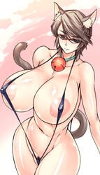 animal_ears areolae bell bikini breasts brown_hair cat_ears cat_planet_cuties cat_tail durel erect_nipples female glasses green_eyes hips huge_breasts micro_bikini nipples pubic_hair shiny shiny_skin shiruto short_hair standing swimsuit tail