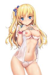 :o areolae blonde_hair blue_eyes blush bra bra_pull breasts female hair_ornament hair_ribbon long_hair looking_at_viewer medium_breasts navel nipples open_clothes original panties photoshop pointy_chin puffy_nipples ribbon school_uniform scrunchie see-through shiny_skin solo takayaki