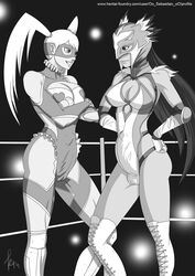 2014 2futas 2girls boots breasts bulge cameltail capcom catfight cleavage crossed_arms crossover futa_on_futa futa_only futanari hands_on_hips human intersex jaycee julia_chang large_breasts leotard mask monochrome namco oo_sebastian_oo rainbow_mika smile standing staredown street_fighter tekken wrestling wrestling_ring