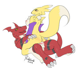 2011 anthro balls blush breasts canine cowgirl_position cum cum_in_pussy cum_inside digimon dragon eye_contact female fox grabbing green_eyes guilmon half-closed_eyes happy interspecies lying male mammal nipples on_back on_top open_mouth pandablubb penetration penis renamon scalie simple_background small_balls small_penis straight teeth vaginal_penetration vaginal_penetration yellow_eyes