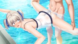 ass blue_eyes female noriheita open_mouth pool rape rinkai_gakuen scared sex silver_hair swimsuit takamine_yuuna water