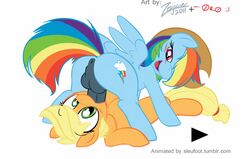 0r0ch1 animated anus applejack_(mlp) ass cum cum_inside equine friendship_is_magic horse male mammal my_little_pony oral penetration pony rainbow_dash_(mlp) rule_63 smooth_skin swallowing zajice