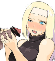 blonde_hair blue_eyes blush breasts censored dark-skinned_male embarrassed female final_fantasy final_fantasy_tactics final_fantasy_tactics_(original) foreskin full-face_blush handjob headband large_breasts long_hair penis pointless_censoring sleeveless sleeveless_turtleneck solo squire_(fft) sweatdrop tsukudani_(coke-buta) turtleneck wince