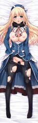 absurdres atago_(kantai_collection) black_legwear blonde_hair blue_eyes blush breasts breasts_out dakimakura dress female full_body fur_collar highres huge_filesize kantai_collection large_breasts legs long_hair lying nakajima_yuka nipples no_bra no_panties on_back open_clothes open_mouth open_shirt pantyhose pussy_juice solo torn_clothes torn_pantyhose