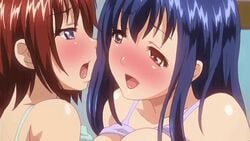 2girls animated animated_gif big_breasts blue_hair bra breasts brown_hair erect_nipples female human large_breasts long_hair medium_breasts mizugi_kanojo multiple_females multiple_girls nipples nude screencap screenshot short_hair symmetrical_docking t-rex_(animation_studio)