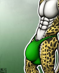 2014 abs anthro aolun aolun_(artist) balls big_balls big_penis black_fur black_penis body_markings bulge cheetah clothed clothing faceless_male feline fur huge_cock hyper hyper_penis king_cheetah male male_only mammal markings muscles pecs penis plain_background pose solo spots thong toned topless underwear white_fur yellow_fur