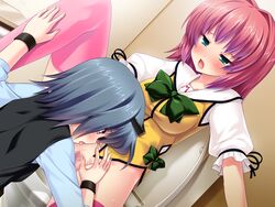 2girls black_hair blush censored class_zenin_maji_de_yuri?! cunnilingus female game_cg hair hatsuse_akira isuzu_futako mbs_truth multiple_girls oral red_hair toilet yuri