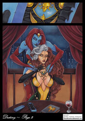 2girls beige_skin blue_skin book breasts brown_hair busty comic destiny_(comic) female large_breasts lipstick marvel mother_and_daughter mystique necklace red_hair rogue_(x-men) silver_hair two_tone_hair voluptuous vp vp1940 white_hair wine wine_glass x-men yellow_eyes yuri