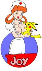 animated areola areolae bangs blue_eyes breast_grab breastfeeding breasts breasts_out creature dress erect_nipples female feral hat human large_breasts monster nintendo nipples nurse nurse_cap nurse_joy nurse_uniform open_clothes open_mouth open_shirt orange_hair pale_skin perky_breasts pikachu pokemon shirt uniform wink yellow_fur