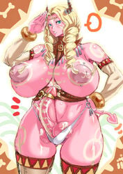 1futa belt blonde_hair body_paint braid breasts cock_ring detached_sleeves electricsheep erect_nipple erection futa_only futanari horns intersex large_breasts large_penis nipple_piercing nipples panties penis piercing sleeves solo standing tail testicles thighhighs