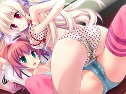 2girls ass blonde_hair cameltoe class_zenin_maji_de_yuri?! cowgirl_position female game_cg hatsuse_akira heart_panties long_hair mbs_truth multiple_girls ogawa_masami panties red_hair smile wet_panties yuri