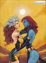 2girls beige_skin blue_skin breasts brown_hair busty cleavage comic comic_cover embrace female large_breasts lipstick marvel mother_and_daughter mystique red_hair rogue_(x-men) silver_hair sun two_tone_hair voluptuous vp vp1940 white_hair x-men