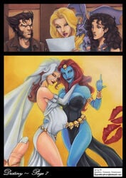 4girls 5_fingers anna_marie artist_name beige_skin big_breasts blonde blonde_hair blue_eyes blue_skin bracelet breasts bride bride_gown brown_eyes brown_hair cleavage clothed clothed_female clothed_male clothes clothing color colored comic curly_hair dark_hair destiny_(comic) dress elbow_gloves emma_frost english english_text facial_hair female female/female forehead_jewel gloves hair headband homo_superior human humanoid incest incest_marriage incest_pregnancy jacket james_howlett kiss_mark_on_photo kitty_pryde large_breasts light-skinned_female light-skinned_male lipstick lipstick_mark lockheed long_hair makeup marvel marvel_comics middle_finger mother_and_daughter mystique nail_polish no_humans photo_(object) pregnant red_hair red_lips red_lipstick rogue_(x-men) shadowcat shapeshifter shirt short_hair skulls smile smiling smirk superhero superheroine supervillain tank_top text uncensored url veil vp vp1940 web_address white_hair white_queen wolverine_(x-men) x-men yellow_eyes