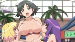 1boy 4girls animated breast_sucking breasts casual censored cunnilingus double_breast_sucking female group group_sex human kafun_shoujo_chuuihou! large_breasts male multiple_girls oral public pussy swimsuit tongue yuri