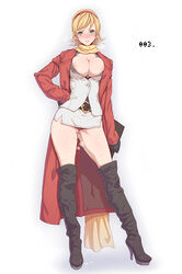 1girls areolae belt blonde_hair blush boots breasts cleavage compression_artifacts cyborg_009 female francoise_arnoul gloves green_eyes hand_on_hip high_heels highres jacket large_breasts nipple_slip nipples pussy pussy_juice scarf shoes short_hair solo sweat thigh_boots thighhighs thighs wet xxzero