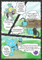 bench black_fur blue_fur brown_eyes brown_hair comic concern doujinshi egg english_text exposed eyewear feline female fur gender_transformation gengar green_eyes hair hatiimiga human male mammal nintendo nipples nude pokemon possession pussy red_eyes shinx shocked sunglasses surprised teats text transformation video_games worry yellow_eyes yellow_shirt