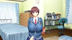 1girls bed bedroom before_breast_sucking book breasts brown-haired_female brown_hair chest_of_drawers clock closed_mouth closed_mouth_smile clothed_female curtains cushion dressed enormous_boobs enormous_breasts enormous_tits female female_only fukunaga_koharu game_cg giant_boobs giant_breasts giant_tits gigantic_boobs gigantic_breasts gigantic_tits huge_boobs huge_breasts hyper_boobs hyper_breasts hyper_tits kyonyuu_reijou_mc_gakuen lune massive_boobs massive_breasts massive_tits necktie open_eyes pc room school_uniform schoolgirl schoolgirl_uniform short_brown_hair short_hair short_hair_female skyhouse smiley_face smiling super_boobs super_breasts super_tits swivel_chair symbol_mark talking teenage_female teenager