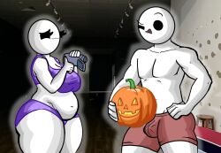 1boy1girl :3 alternate_version_available bald bald_female black_eyes breasts bulge bulge_through_clothing bulge_under_clothes camera chetoh chubby chubby_female claire_(chetoh) disgusted egg eggmale female hand_on_hip holding_object holding_pumpkin looking_at_another looking_at_partner male oc original original_character original_characters photo_background pumpkin purple_bottomwear purple_outfit purple_topwear red_shorts shirtless shirtless_male shocked shocked_expression shorts smile smiling smiling_at_partner thumbs_up topless topless_male topwear white_body