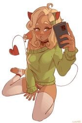 blonde_hair bottomless cute devil_tail earrings feet female green_eyes hairy_pussy heart-shaped_tail heart_shaped_tail horns klimspree mocha_(klimspree) pantless phone pointy_ears pussy selfie short_hair signature sitting smartphone stirrup_legwear stirrup_stockings stirrup_thighhighs stirrups stockings sweater tagme tan tan_body tan_skin thighhighs toes white_background