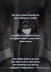 breasts brown_hair card charm_(spell) cleavage dialogue female female_only femdom greyscale hard_translated heart hypnotic_breasts large_breasts mind_break nail_polish navel nisemono pink_eyes pov_sub robe seductive_smile text translated