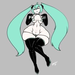 1girls aqua_eyes aqua_hair bikini boots bottom_heavy breasts elbow_gloves female fingerless_gloves gloves hatsune_miku large_breasts long_hair micro_bikini navel open_mouth pussy singing solo swimsuit thick_thighs thigh_boots thighhighs twintails very_long_hair vocaloid wide_hips zedrin